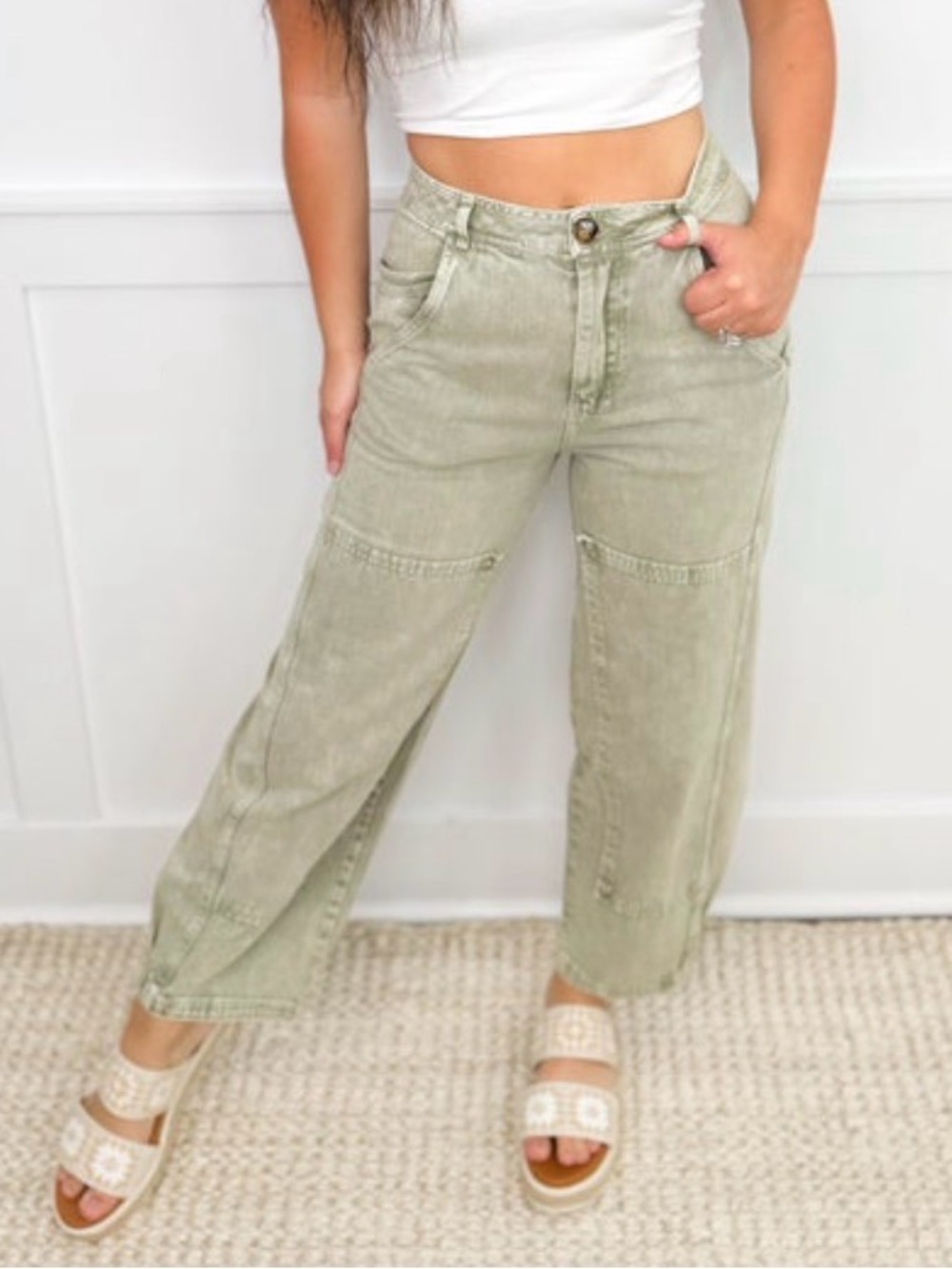 High-Rise Wide Leg Barrel Jeans - Light Sage Green